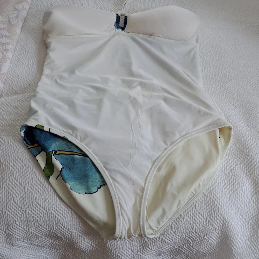Tory Burch Womens Iris Print Persica Halter/Bandeau‎ Ivory One Piece Swimsuit 10